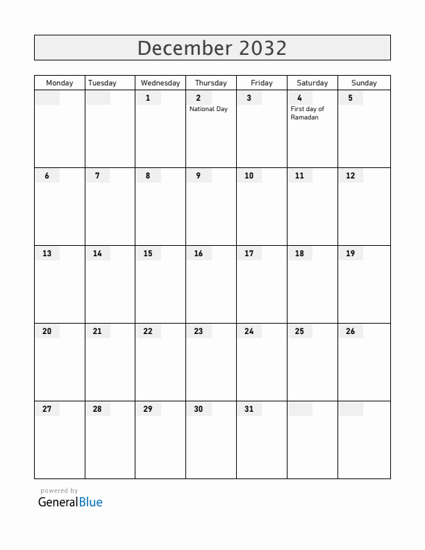 United Arab Emirates December 2032 Calendar with Holidays