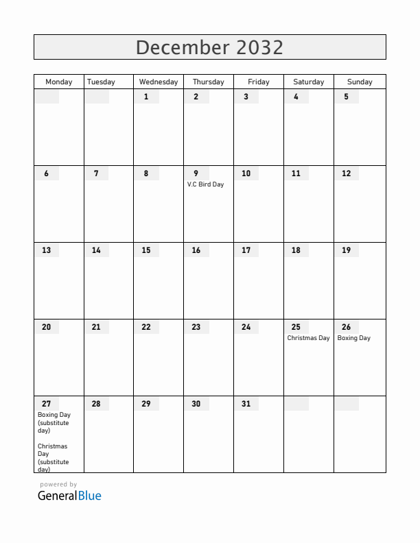 Antigua and Barbuda December 2032 Calendar with Holidays