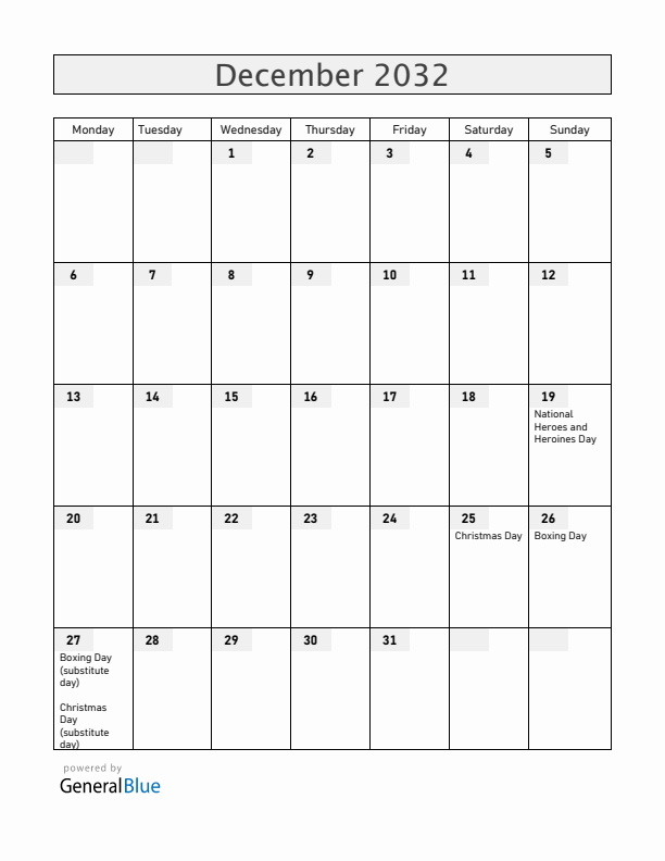 Anguilla December 2032 Calendar with Holidays