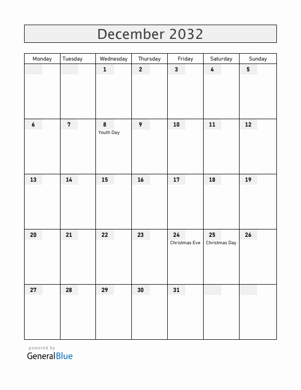 Albania December 2032 Calendar with Holidays