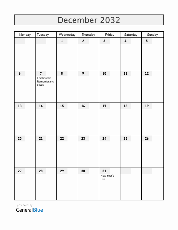 Armenia December 2032 Calendar with Holidays