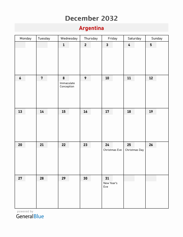 Argentina December 2032 Calendar with Holidays