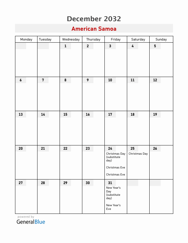 American Samoa December 2032 Calendar with Holidays