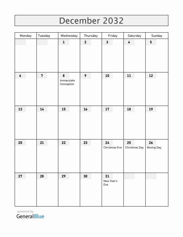 Austria December 2032 Calendar with Holidays