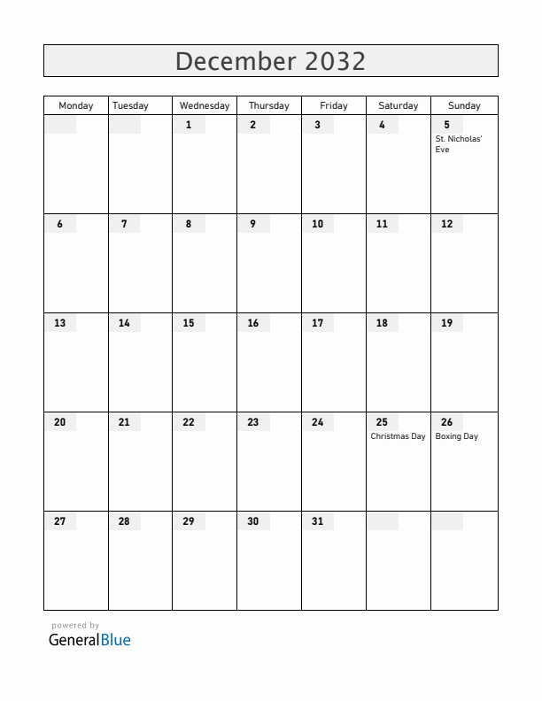 Aruba December 2032 Calendar with Holidays