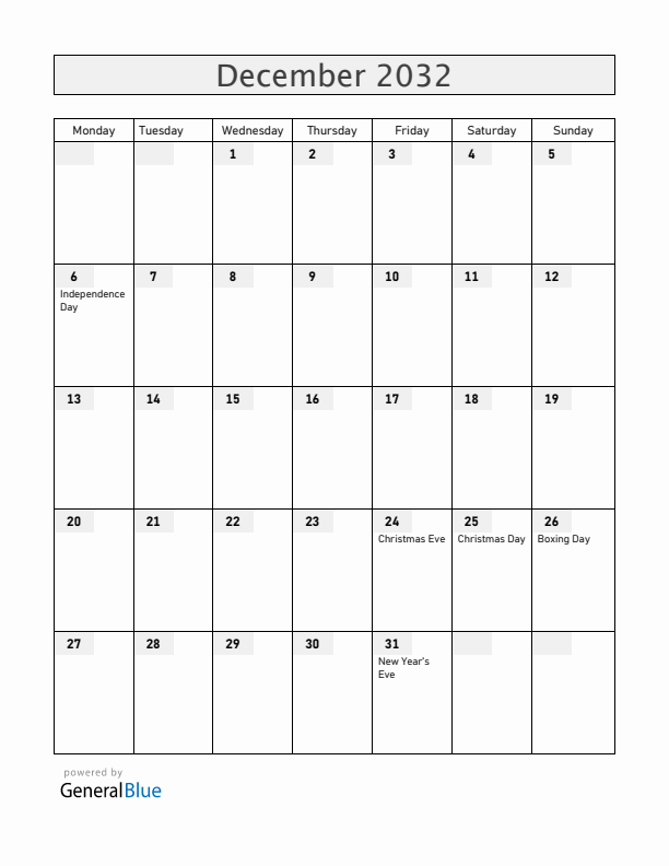 Aland Islands December 2032 Calendar with Holidays