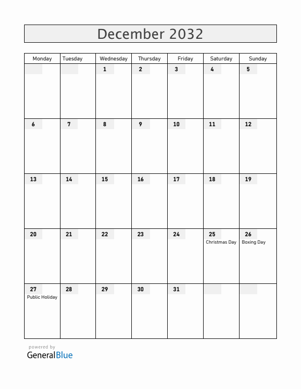 Barbados December 2032 Calendar with Holidays