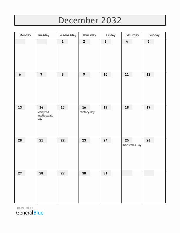 Bangladesh December 2032 Calendar with Holidays