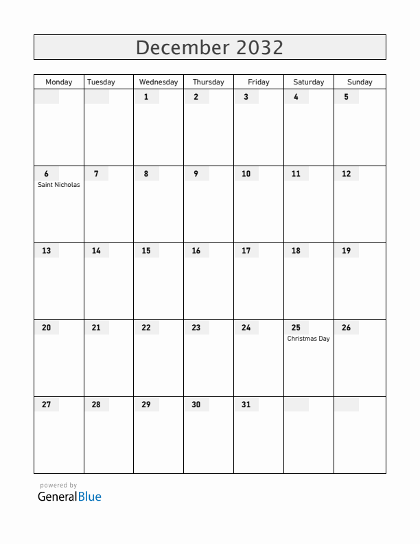 Belgium December 2032 Calendar with Holidays