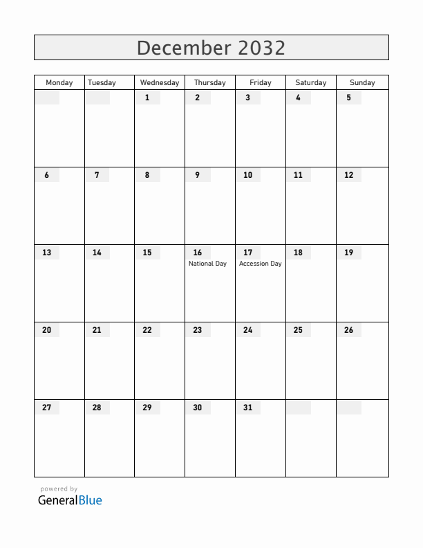 Bahrain December 2032 Calendar with Holidays