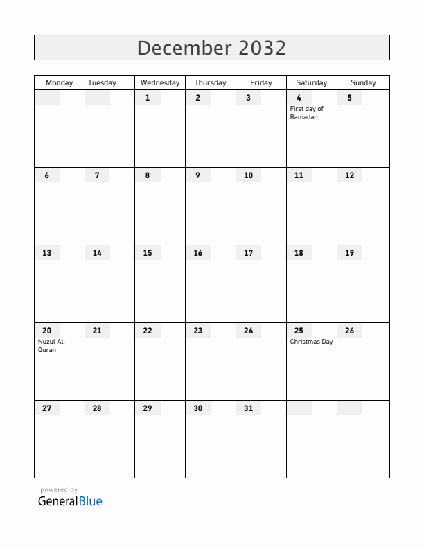 Brunei December 2032 Calendar with Holidays