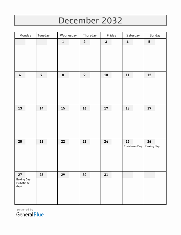 Belize December 2032 Calendar with Holidays