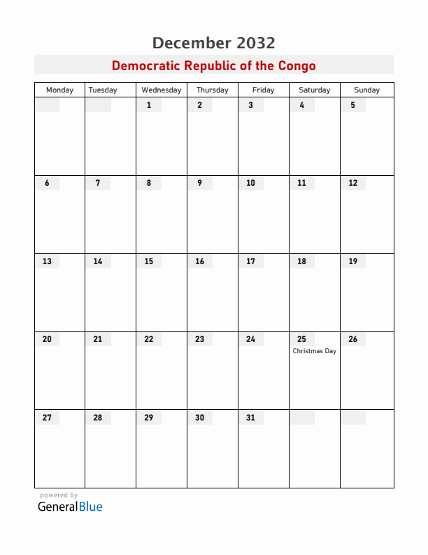 Democratic Republic of the Congo December 2032 Calendar with Holidays