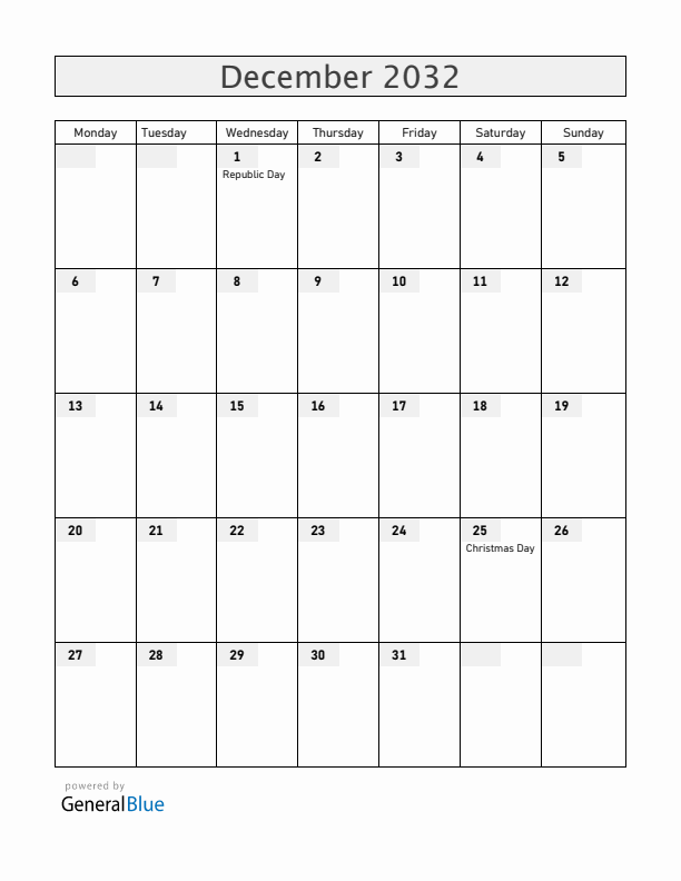 Central African Republic December 2032 Calendar with Holidays