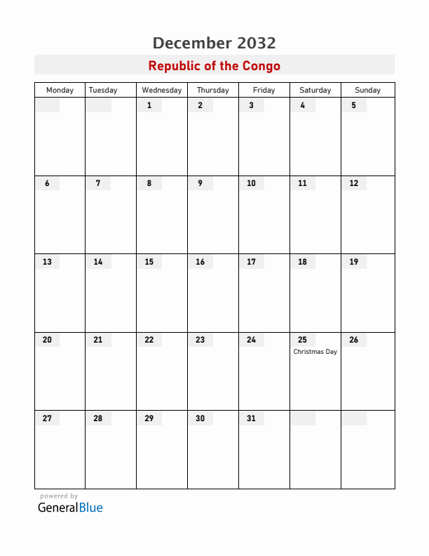 Republic of the Congo December 2032 Calendar with Holidays