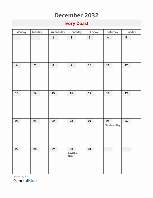 Ivory Coast December 2032 Calendar with Holidays