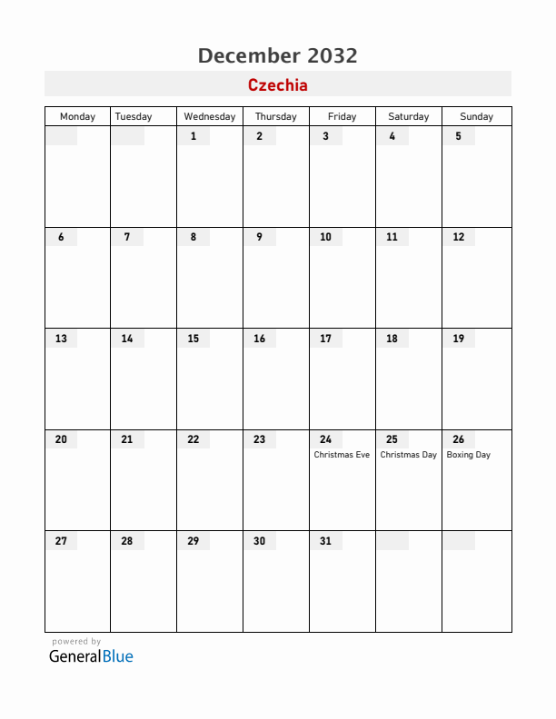 Czechia December 2032 Calendar with Holidays