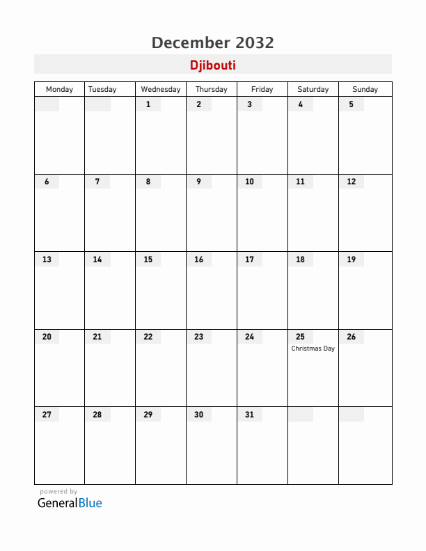 Djibouti December 2032 Calendar with Holidays