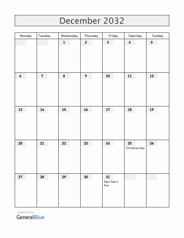 Ecuador December 2032 Calendar with Holidays
