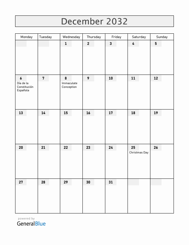 Spain December 2032 Calendar with Holidays