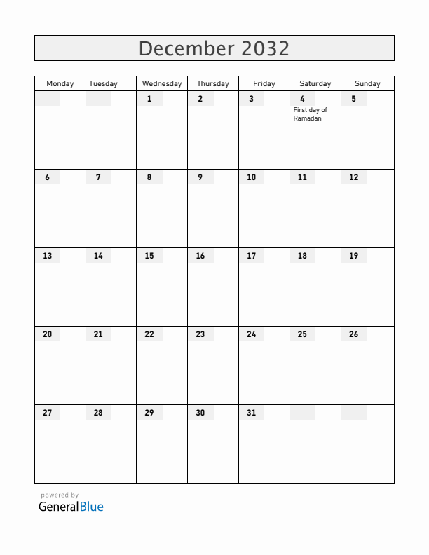 Ethiopia December 2032 Calendar with Holidays