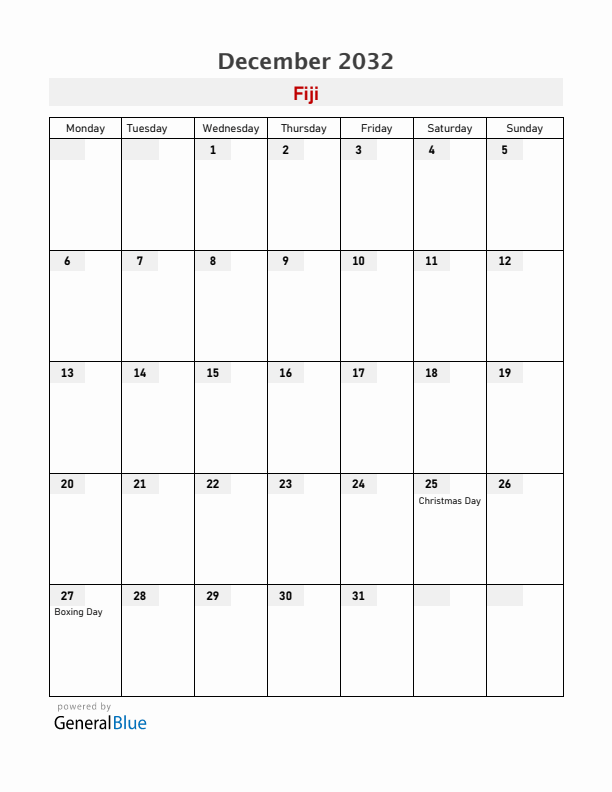 Fiji December 2032 Calendar with Holidays