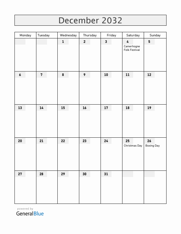 Grenada December 2032 Calendar with Holidays