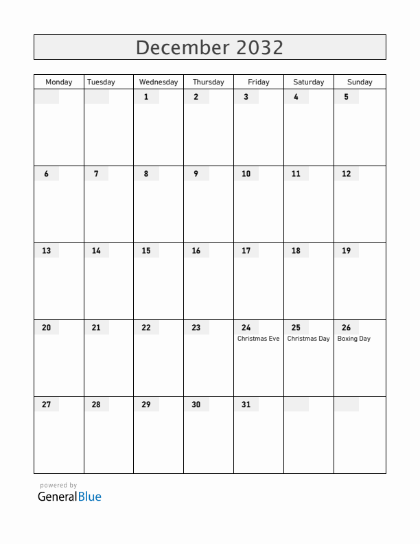 Greenland December 2032 Calendar with Holidays
