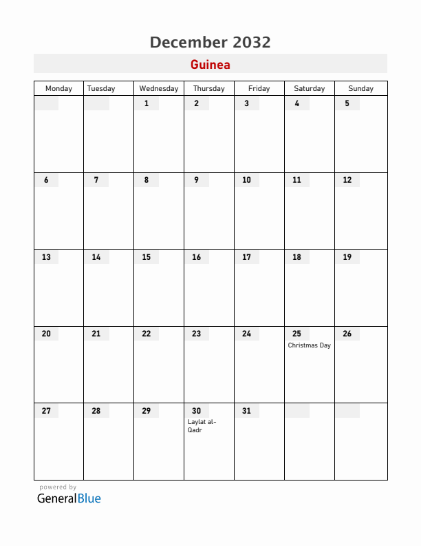 Guinea December 2032 Calendar with Holidays