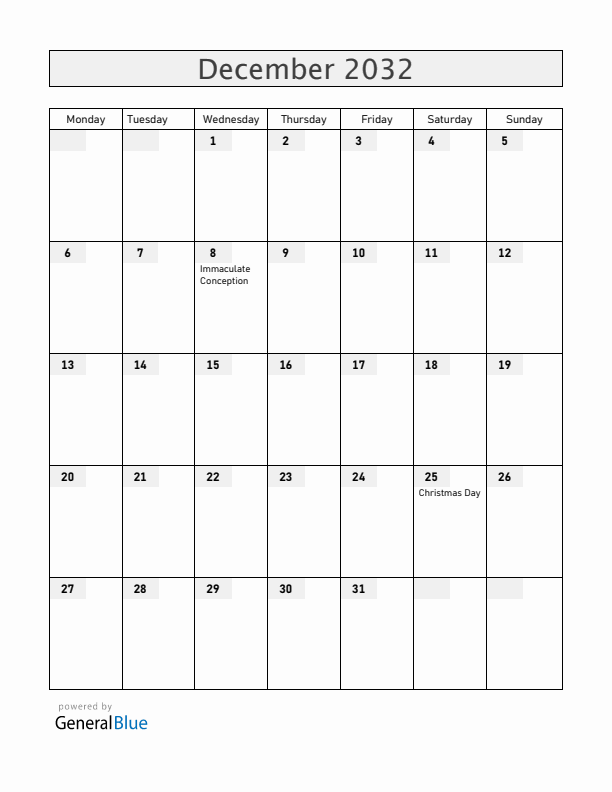 Equatorial Guinea December 2032 Calendar with Holidays