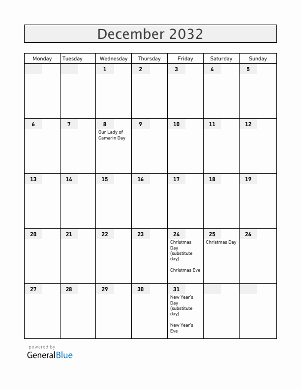 Guam December 2032 Calendar with Holidays
