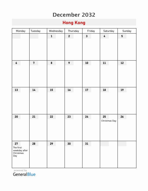 Hong Kong December 2032 Calendar with Holidays