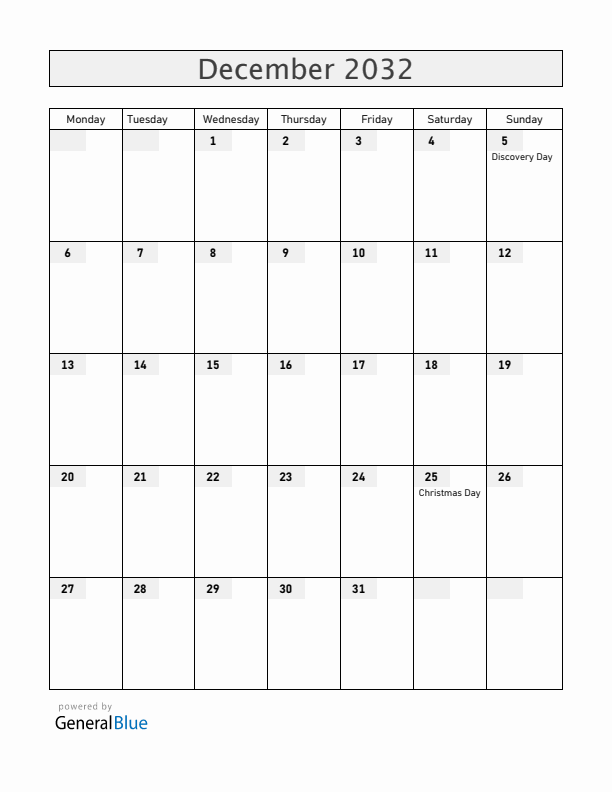 Haiti December 2032 Calendar with Holidays