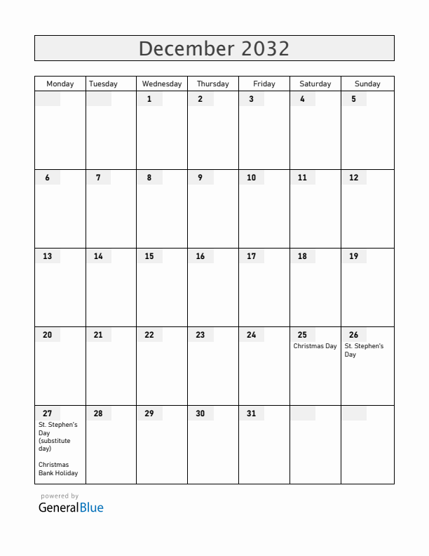 Ireland December 2032 Calendar with Holidays
