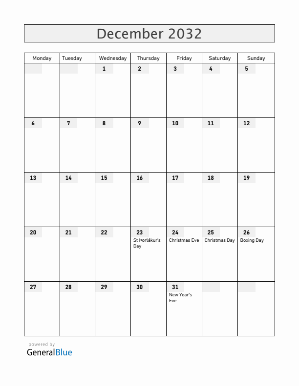 Iceland December 2032 Calendar with Holidays