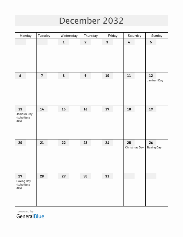 Kenya December 2032 Calendar with Holidays