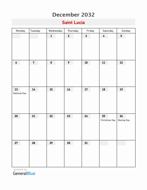Saint Lucia December 2032 Calendar with Holidays