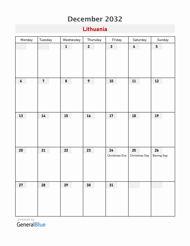 Lithuania December 2032 Calendar with Holidays