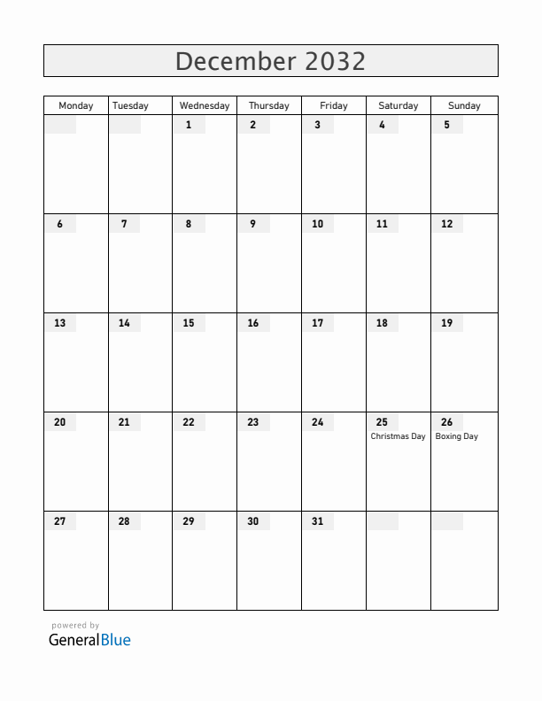 Luxembourg December 2032 Calendar with Holidays
