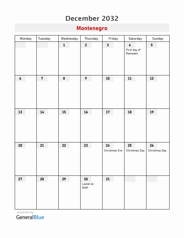Montenegro December 2032 Calendar with Holidays