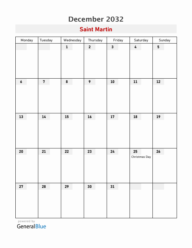 Saint Martin December 2032 Calendar with Holidays