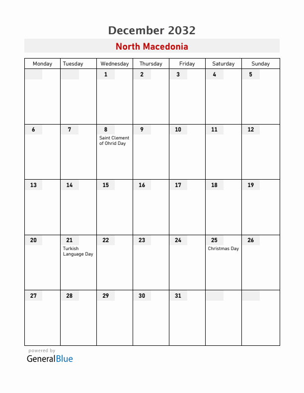 North Macedonia December 2032 Calendar with Holidays