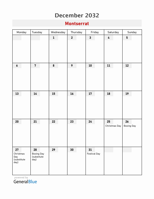 Montserrat December 2032 Calendar with Holidays