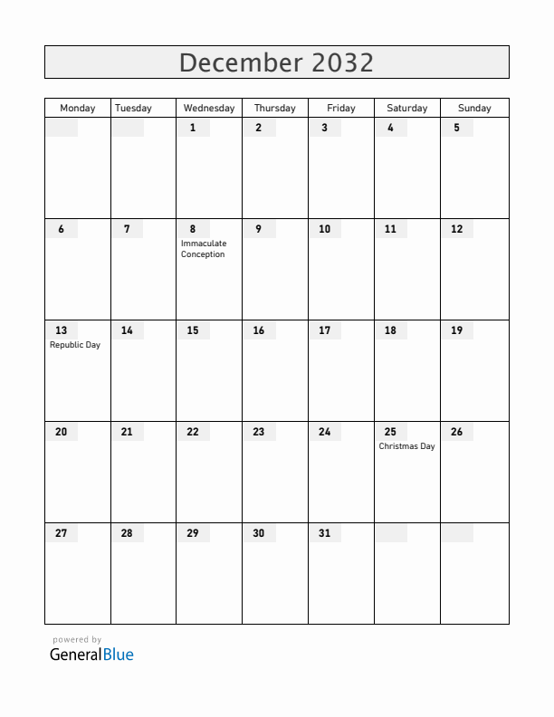 Malta December 2032 Calendar with Holidays