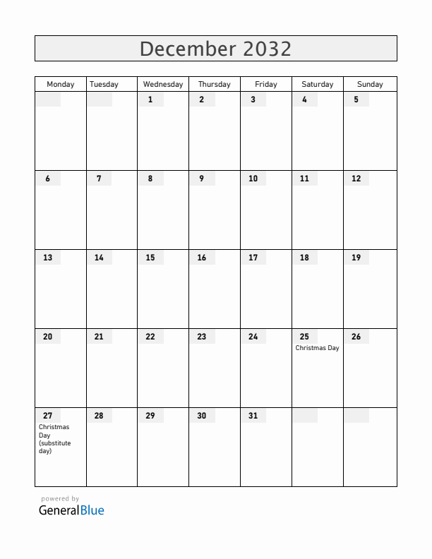Malawi December 2032 Calendar with Holidays