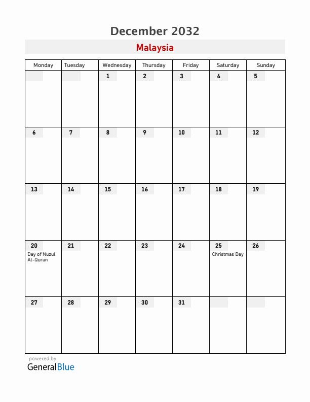 Malaysia December 2032 Calendar with Holidays