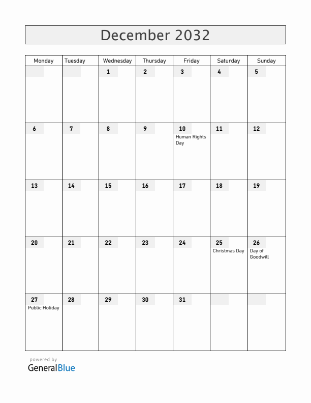 Namibia December 2032 Calendar with Holidays
