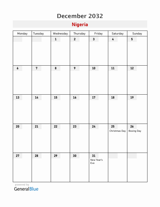 Nigeria December 2032 Calendar with Holidays