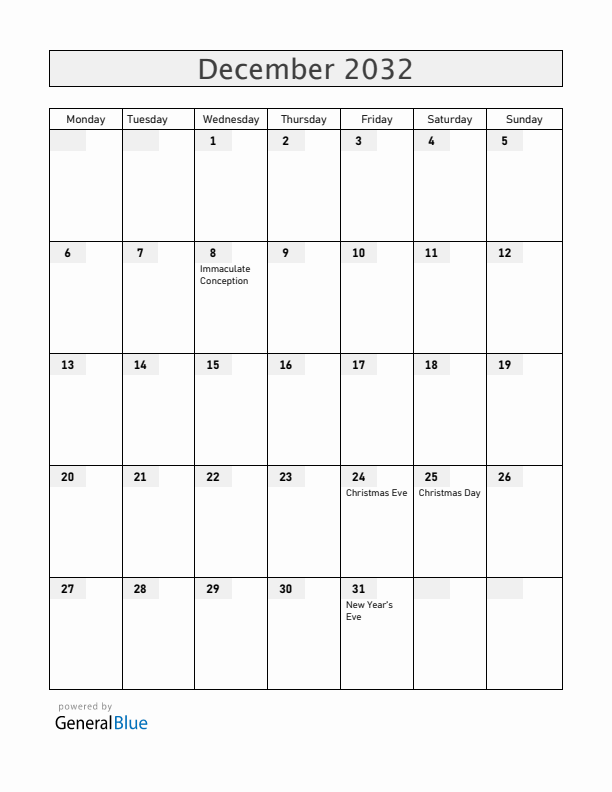 Nicaragua December 2032 Calendar with Holidays