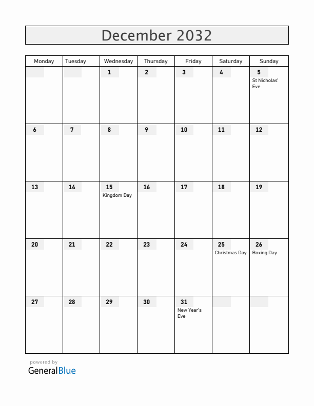 The Netherlands December 2032 Calendar with Holidays